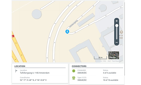 Locations of charging stations on map in Webfleet