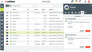 Interfaz Webfleet con notifi­ca­ciones de mante­ni­miento para planificar las tareas preventivas de los camiones