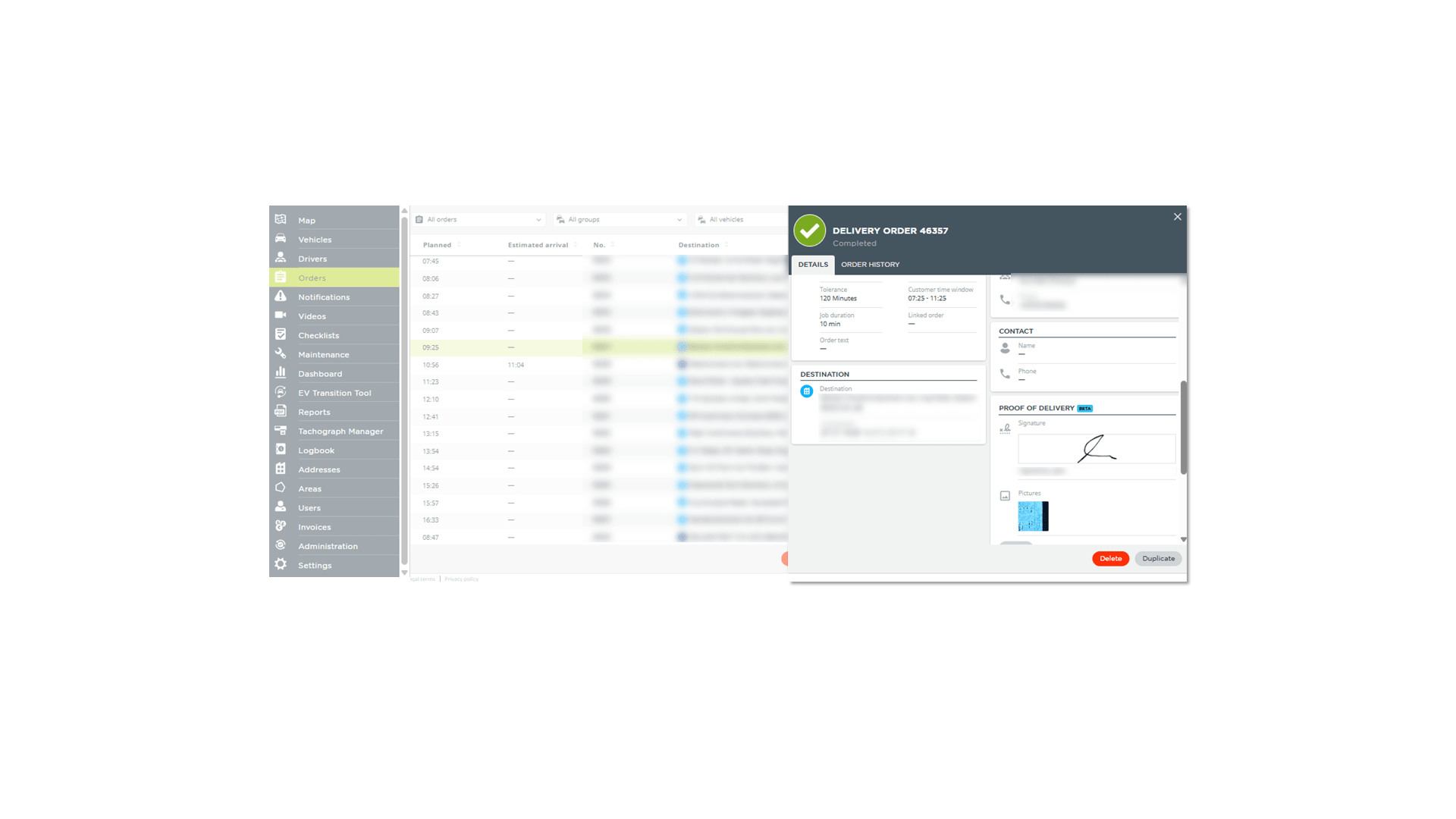 tableau de bord de preuve de livraison