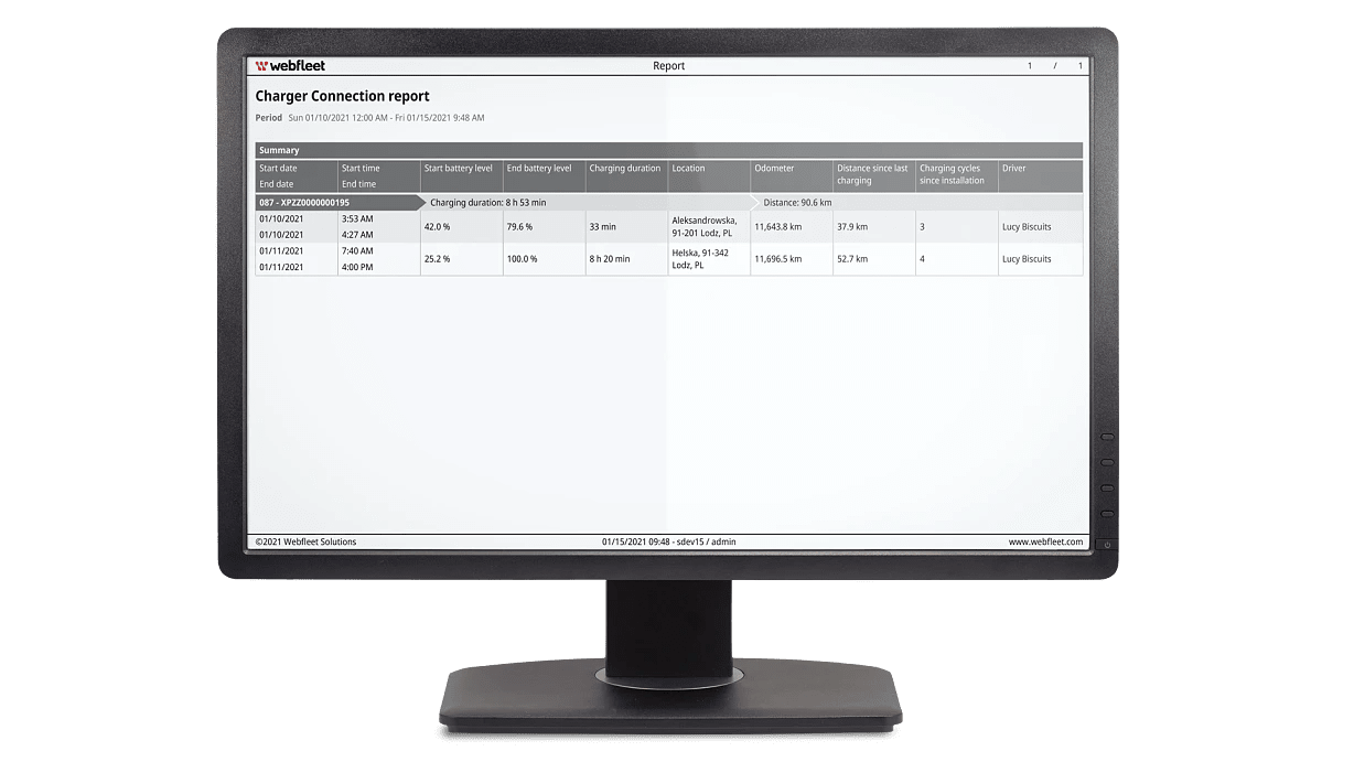 Webfleet Charger Connection report